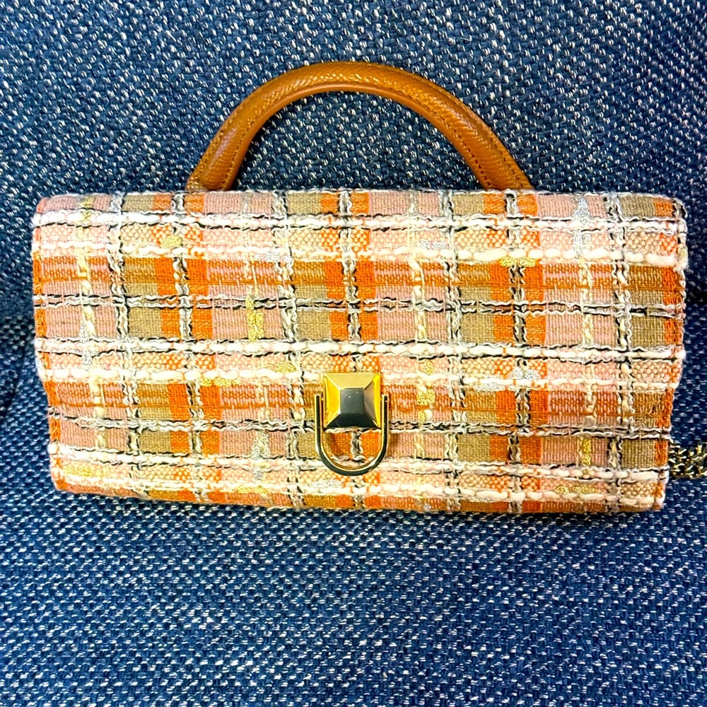 FURLA AUTHENTIC TWEED WARM MULTICOLORED WALLET ON CHAIN WITH TOP HANDLE BAG. EUC